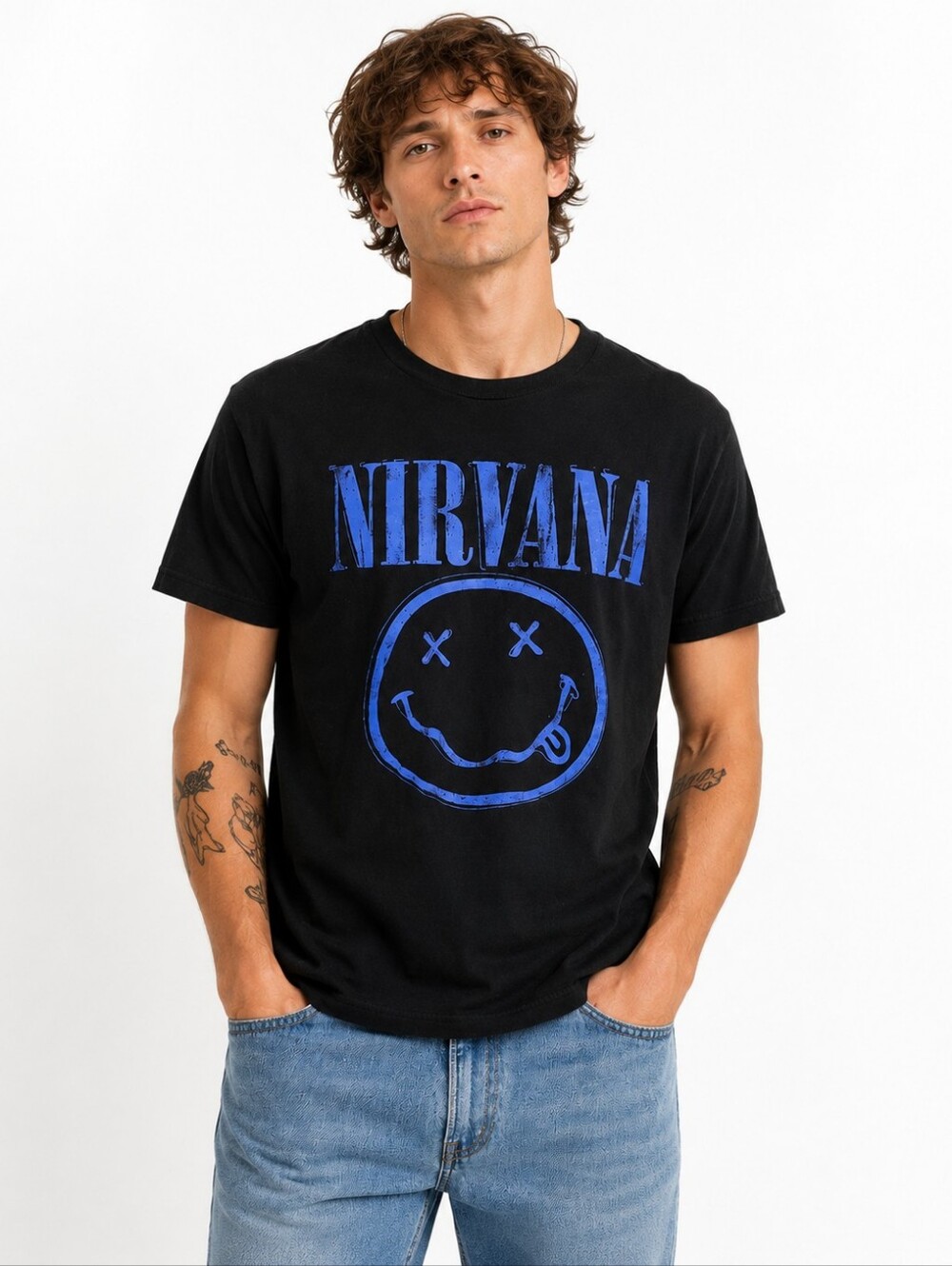 Nirvana Smiley Face Band Graphic T-Shirt Black Blue Logo Men's Medium
